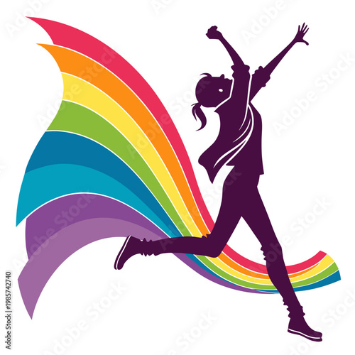 Young woman jumping for joy with rainbow trails.