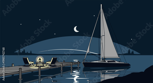 A tranquil night scene shows a sailboat at anchor near a wooden dock with chairs