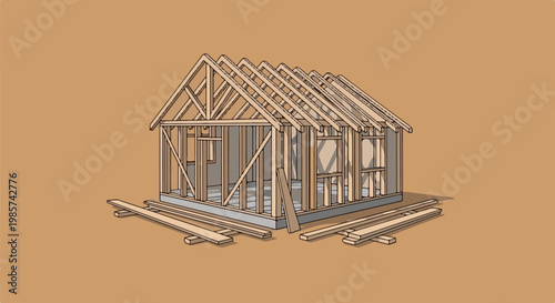 A wooden house frame under construction, with lumber scattered