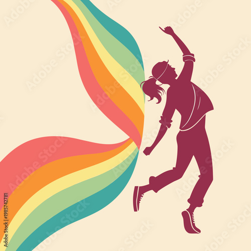 Jumping girl silhouette with curved rainbow arc.