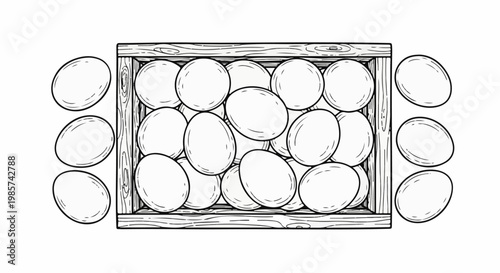 A wooden crate overflowing with oval-shaped eggs, some spilled out