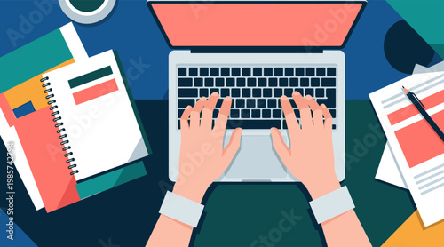 Hands typing on laptop at cluttered workspace desk top