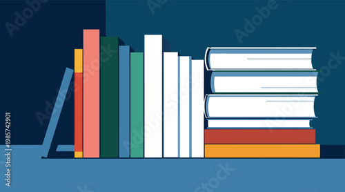 Books stacked and arranged on shelf in studio