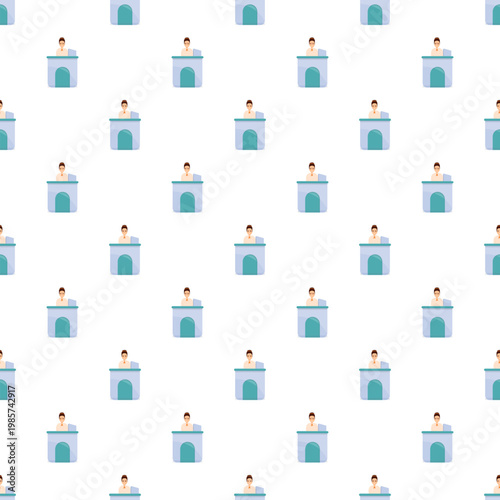 Receptionist working at a business counter repeated in a seamless pattern