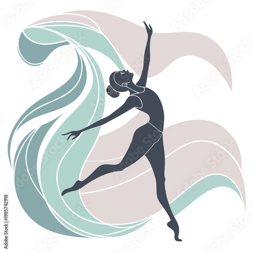Minimalist female dancer with flowing waves art.