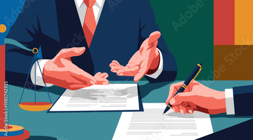 Business person signing contract at law office desk during meeting