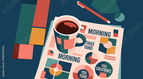 Coffee cup resting on morning newspaper with color swatches