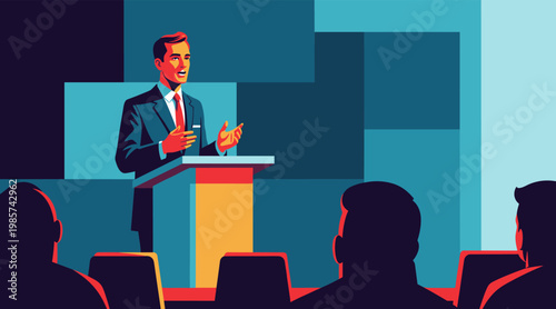 Male speaker delivering speech at podium in conference setting