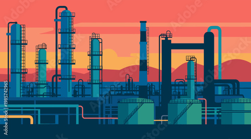 Industrial refinery complex silhouetted against colorful sunset sky