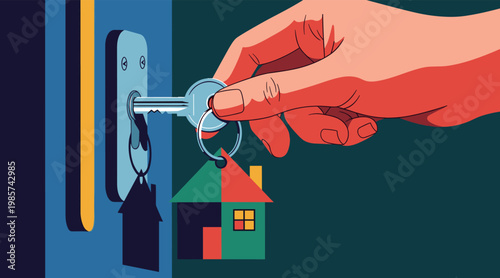 Hand inserting key into door lock with small house keychain