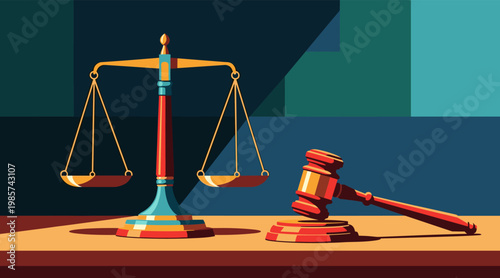 Scales of justice and gavel resting on court table