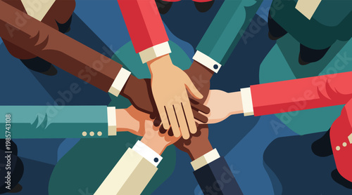 Diverse team joining hands in collaborative gesture in workplace setting