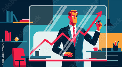 Businessman drawing rising growth chart on office glass
