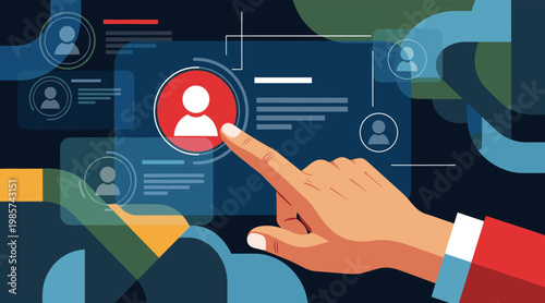 Hand selecting user profile on digital interface background