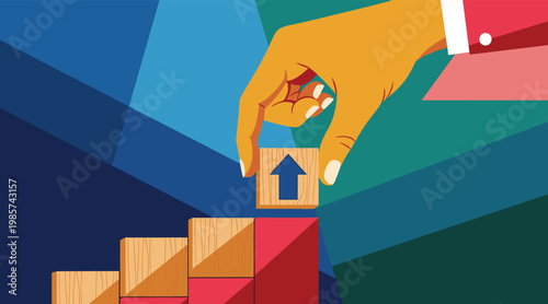 Hand stacking arrow block to indicate growth on colorful background