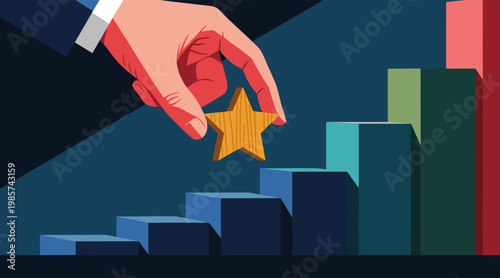 Hand placing star on ascending bar chart representing growth
