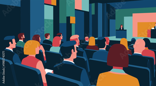 Conference audience listening attentively in large auditorium