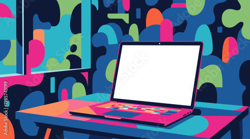 Laptop open displaying blank screen on colorful desk in patterned room