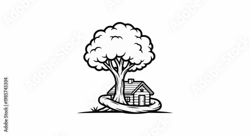A stylized illustration of a house embraced by a large tree