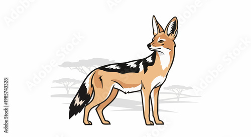 A stylized illustration of a jackal standing on white with acacia trees