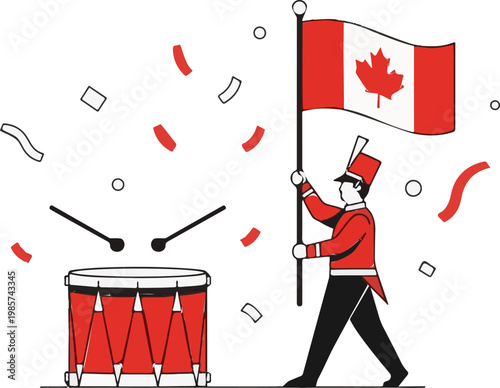 Proud marching band member in uniform carries a Canadian national flag while walking past a large decorative festival drum set