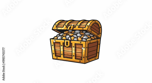 A wooden treasure chest overflowing with gold and silver coins