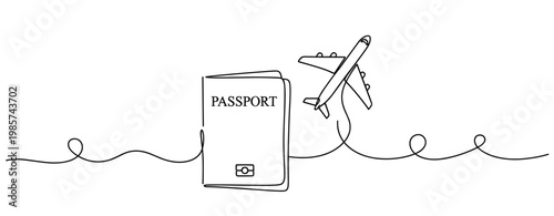 Passport and airplane connected by continuous line on white background. No editable stroke