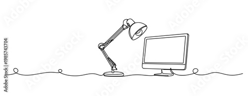 Desk lamp and computer monitor on continuous line workspace. No editable stroke
