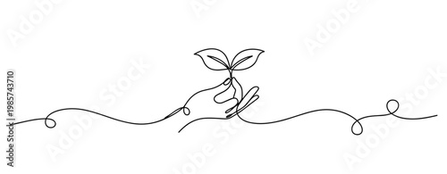 Hand holding seedling sprout on continuous line background. No editable stroke