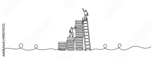 Pile of coins with figures climbing ladder on horizon line. No editable stroke