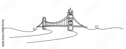 Bridge drawn in continuous line spanning river landscape. No editable stroke