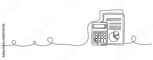 Calculator and report drawn in continuous line on white backdrop. No editable stroke