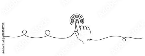 Hand pressing circular button in continuous line layout white background. No editable stroke