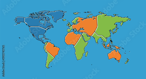 A world map with continents colored in blue, orange, and green