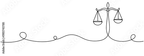 Balance scales symbolizing justice standing on continuous line. No editable stroke
