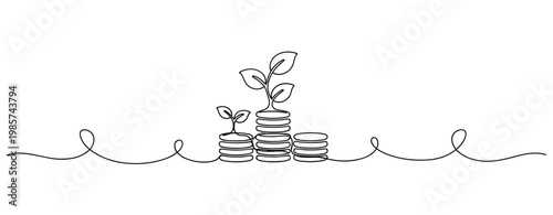 Stacks of coins sprouting plants in continuous line drawing. No editable stroke