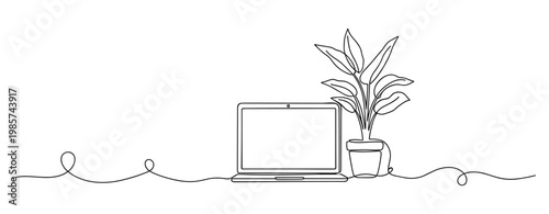 Laptop and potted plant resting on minimalist desk line art. No editable stroke