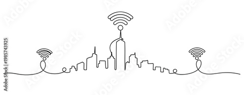 City skyline connected by wireless signals in continuous line. No editable stroke