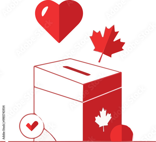 Conceptual illustration depicting a Canadian ballot box alongside a vibrant red maple leaf and heart, embodying national pride and democratic participation.