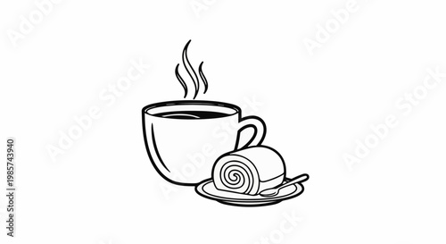 A steaming cup of coffee sits next to a rolled cake slice on a plate with a spoon