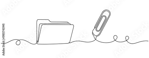 Folder and paperclip linked by continuous line on white background. No editable stroke
