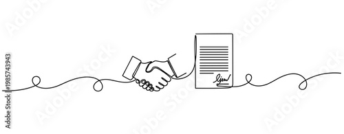 Handshake next to signed contract portrayed in single line. No editable stroke