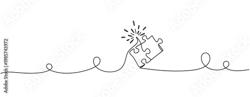 Jigsaw puzzle piece connecting with spark on continuous line. No editable stroke