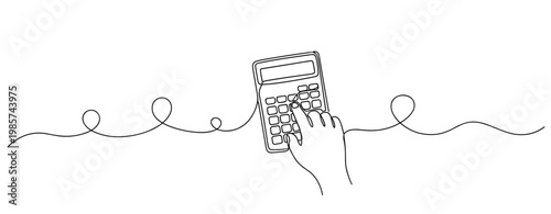 Hand pressing calculator buttons on continuous line illustration. No editable stroke
