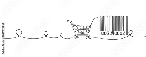 Shopping cart moving toward barcode on white background. No editable stroke
