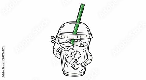 A stylized drawing of an iced beverage in a clear cup with a green straw