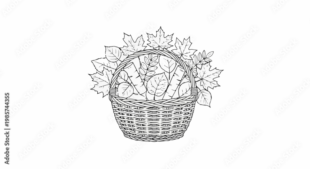 Obraz premium A woven basket overflows with autumnal leaves in a line drawing