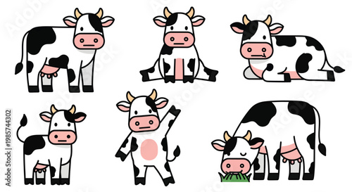 Set of Cute Cow Cartoon Character Vector Illustration in Various Poses Grazing Grass Sitting Standing and Waving Spotted Pattern