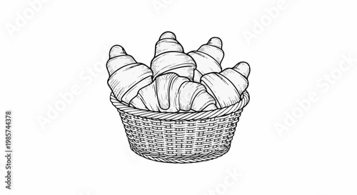 A woven basket overflows with freshly baked, flaky croissants in a detailed sketch