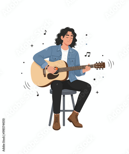young man playing acoustic guitar on stool music notes vector illustration